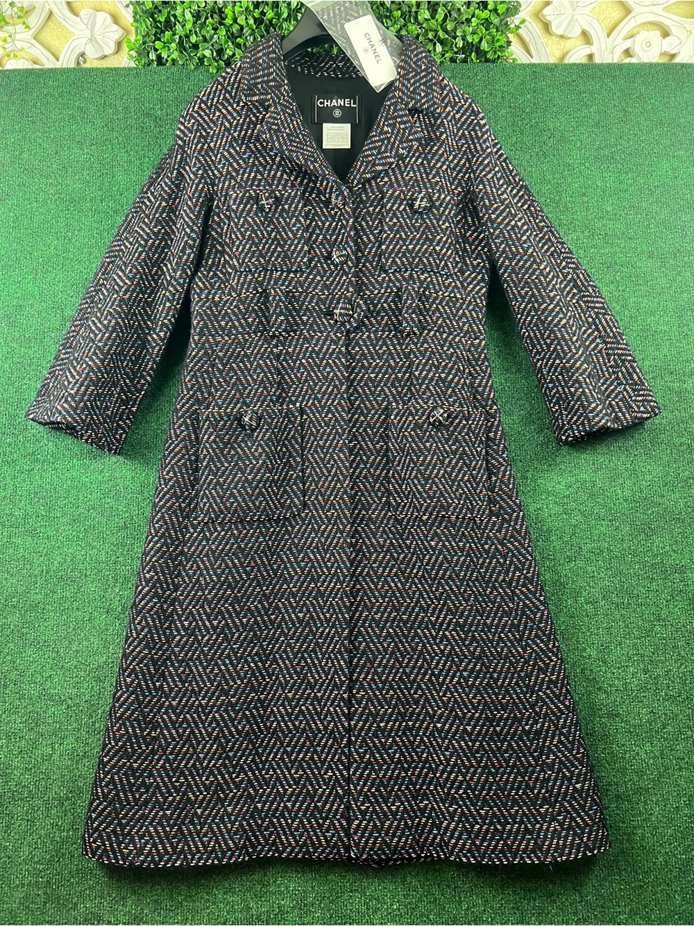 CHANEL Tweed Maxi Coat in Navy and Multi-Color